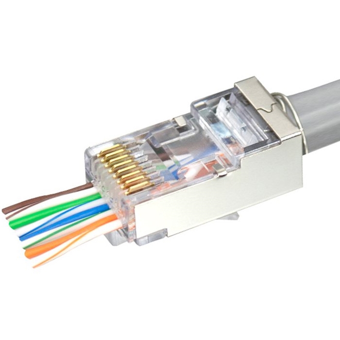 Cat5e RJ45 Pass Through Modular Plugs, Shielded Network Connectors for 24AWG Twisted Pair Solid or Stranded Cable