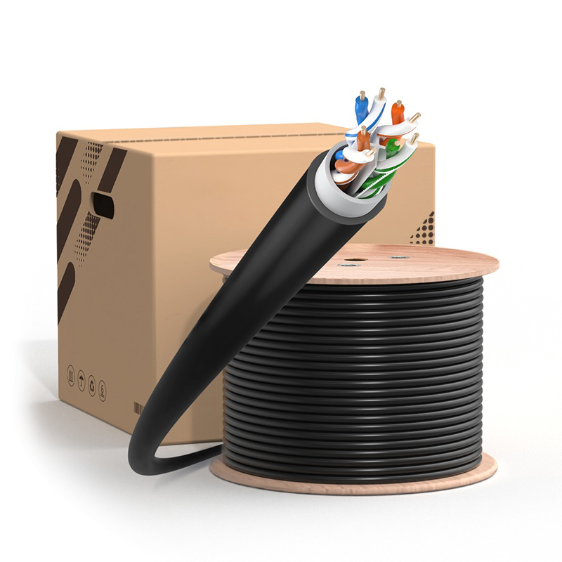 Cat6 UTP Outdoor Direct Burial Cable,Black,1000ft (305m), 23AWG Solid Pure Bare Copper, 550MHz, Unshielded (UTP), UV Rated PVC and LDPE Double Jackets, with Reel