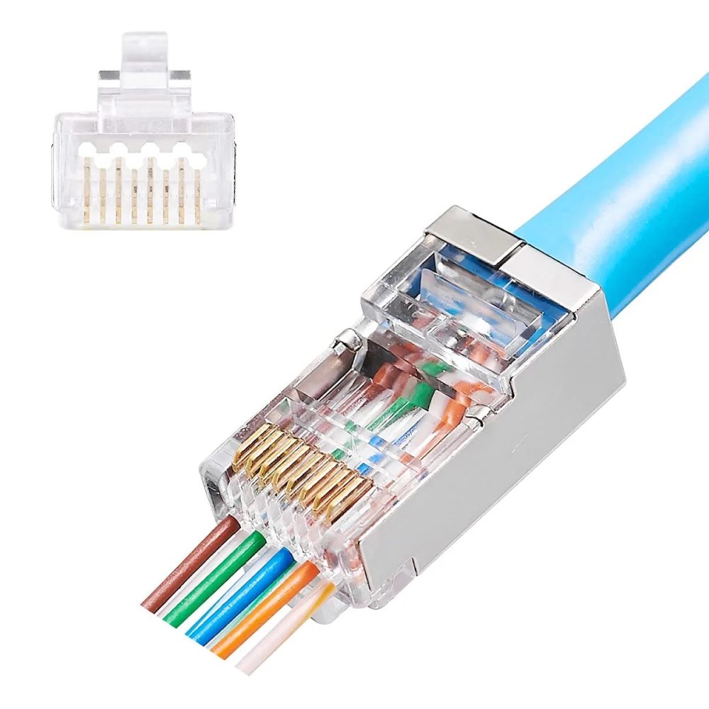 Cat6 RJ45 Pass Through Modular Plugs, Shielded Network Connectors for 24AWG Twisted Pair Solid or Stranded Cable