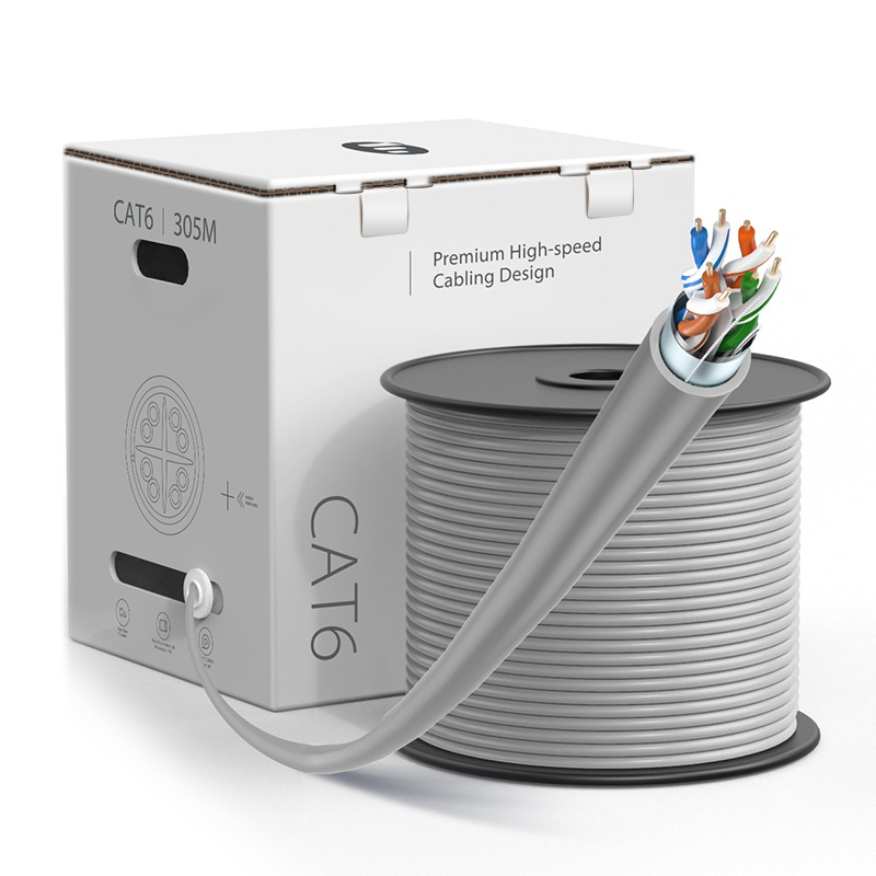 Cat6 F/UTP Ethernet Bulk Cable,PVC/LSZH, Grey,1000ft (305m), 23AWG Solid Pure Bare Copper Wire, 550MHz, Shielded LAN Cable with Reel