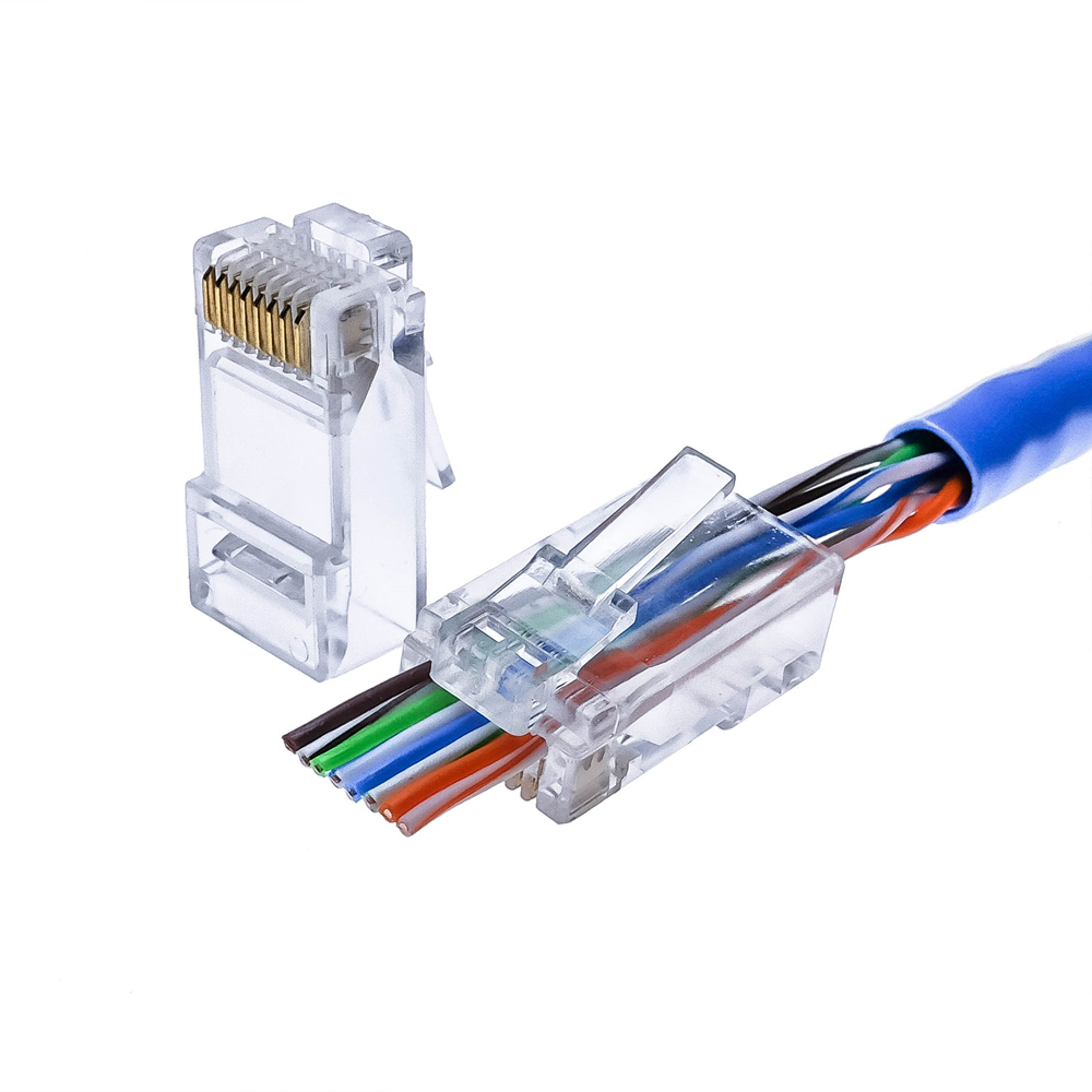 Cat5e RJ45 Pass Through Modular Plugs, Unshielded Network Connectors for 24AWG Twisted Pair Solid or Stranded Cable