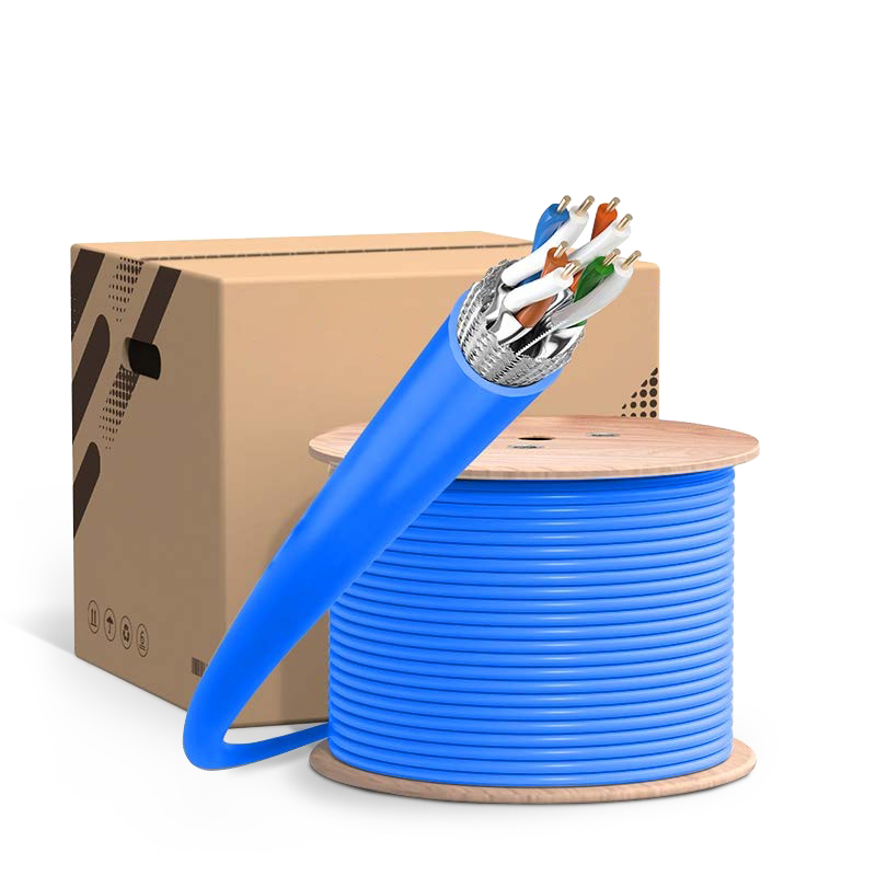 Cat6a S/FTP Ethernet Bulk Cable, 500M, PVC/LSZH, with Reel ,Blue,23AWG Solid Pure Bare Copper Wire, 750MHz, Shielded Lan Cable