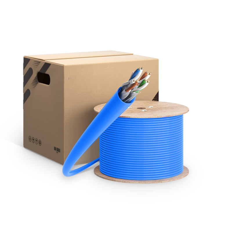 Cat6a U/FTP Ethernet Bulk Cable, 1000ft (305m), PVC/LSZH, with Reel ,Blue,23AWG Solid Pure Bare Copper Wire, 750MHz, Shielded Lan Cable