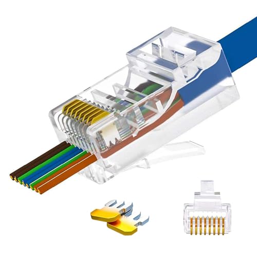 Cat6 RJ45 Pass Through Modular Plugs, Unshielded Network Connectors for 24AWG Twisted Pair Solid or Stranded Cable