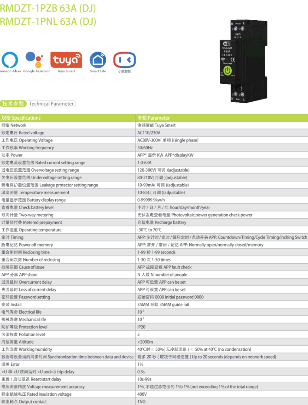 Graffiti WiFi Circuit Breaker RMDZT-1PNL 63A (DJ)12