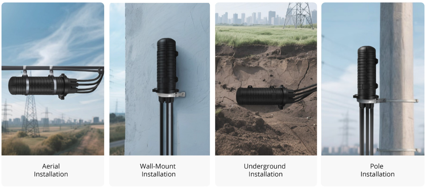 48~144 Fibers 1In-4Out Dome Fiber Optic Splice Closure, Mechanical Seal, with 1 Pre-installed Fusion Splice Tray 48~144 Fibers 1In-4Out Dome Fiber Optic Splice Closure, Mechanical Seal, with 1 Pre-installed Fusion Splice Tray