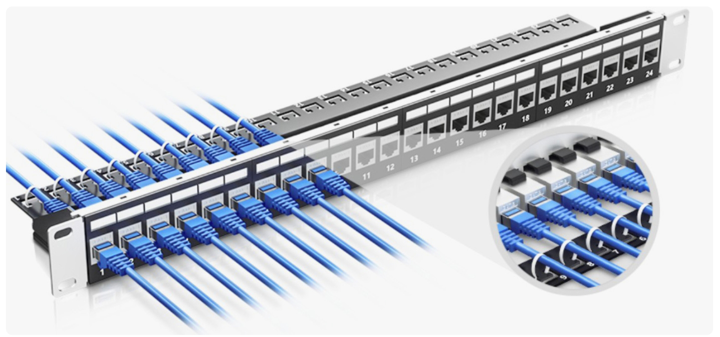 Flat Full Loaded Cat6 STP Coupler Patch Panel ,24-Port, 1U, Cable Management Bar Included, Black