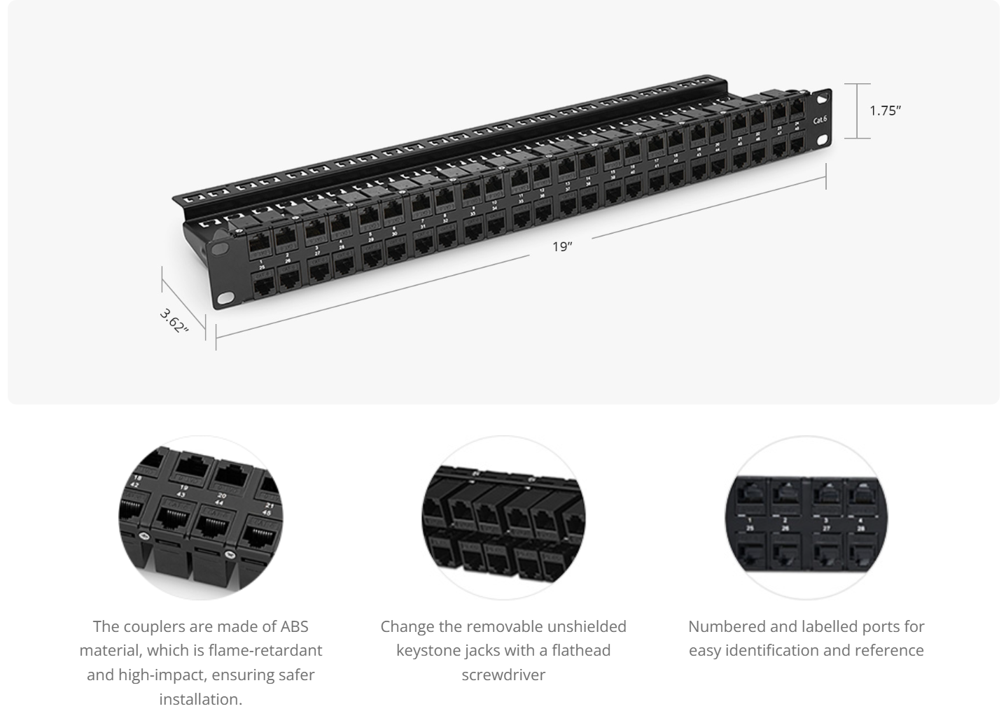 Flat Full Loaded Cat6 UTP Coupler Patch Panel ,48-Port, 1U, Cable Management Bar Included, Black
