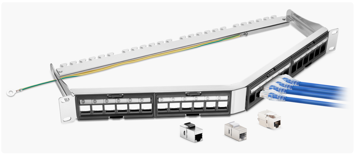 Angled Blank FTP Patch Panel for Keystone Modules, 24-Port, 1U, Cable Management Bar Included, Black