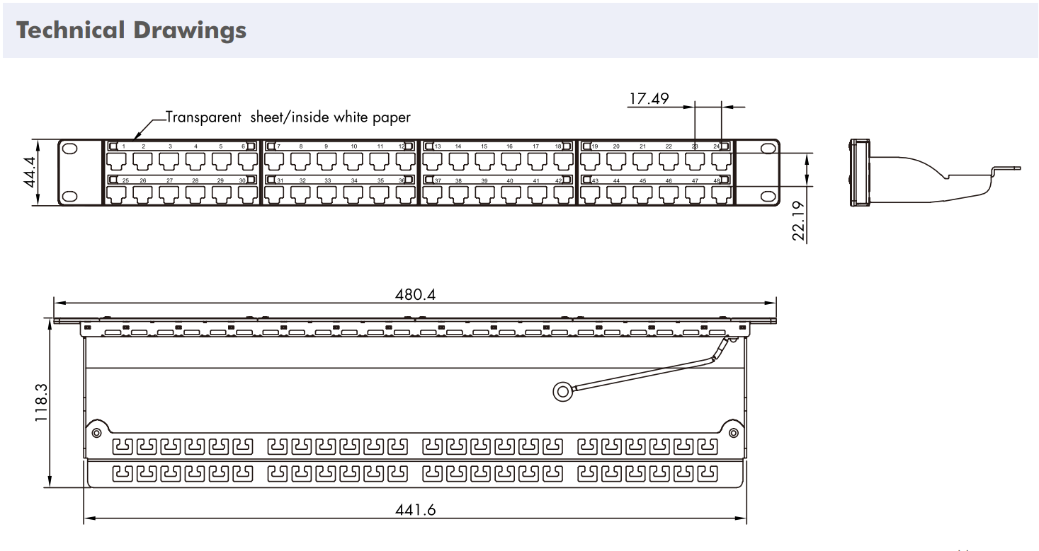 19" Patch Panel for 48 Keystone Jacks, 1U, Unloaded, Light Grey
